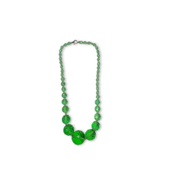 Antique Art Deco Green Faceted Crystal Bead Necklace Czechoslovakia 15.25" - Picture 2 of 7